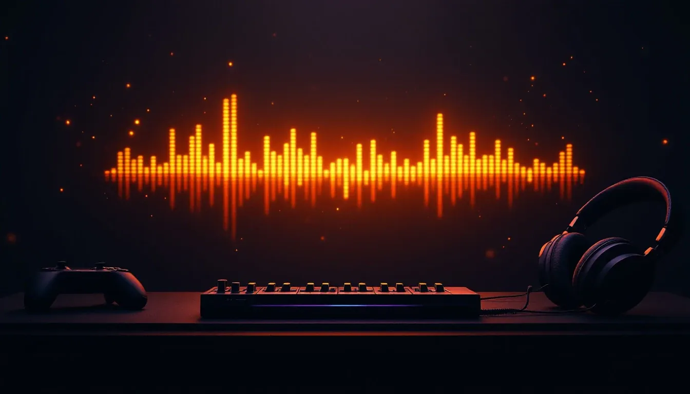 Dark music studio with a game controller, synthesizer and headphones under a glowing golden sound wave