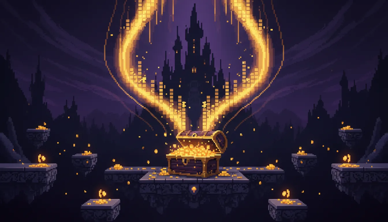Pixel-art game level at night with a treasure chest releasing golden sound waves