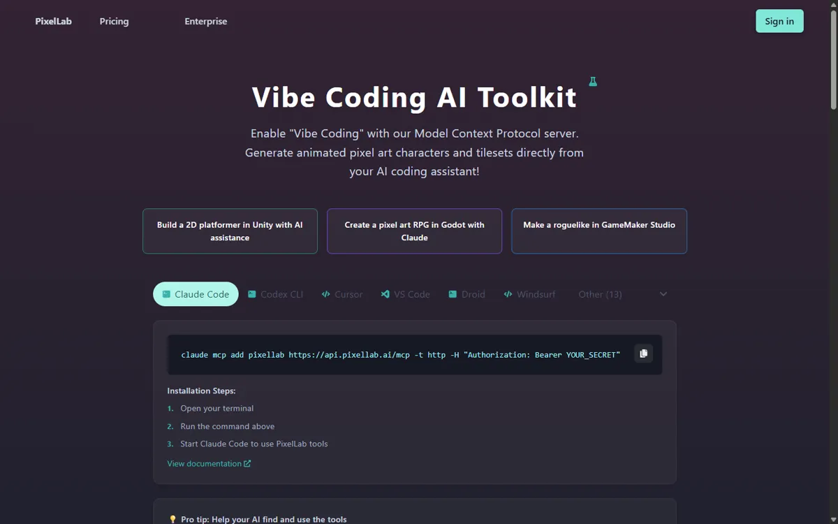 PixelLab MCP setup page
