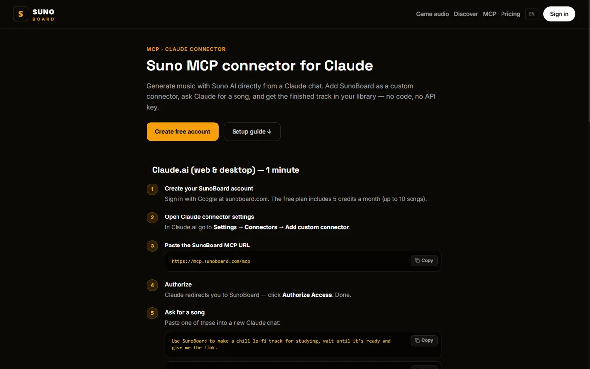 SunoBoard MCP connector setup page