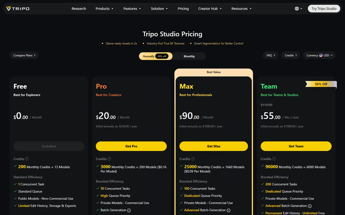 Tripo pricing page